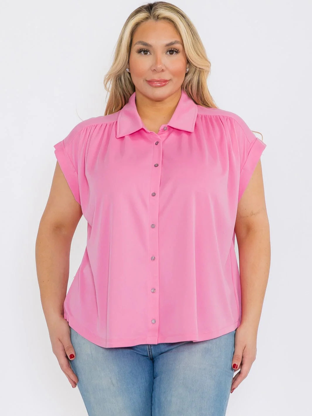 Short Sleeve Button Up Blouse Top - Bubblegum