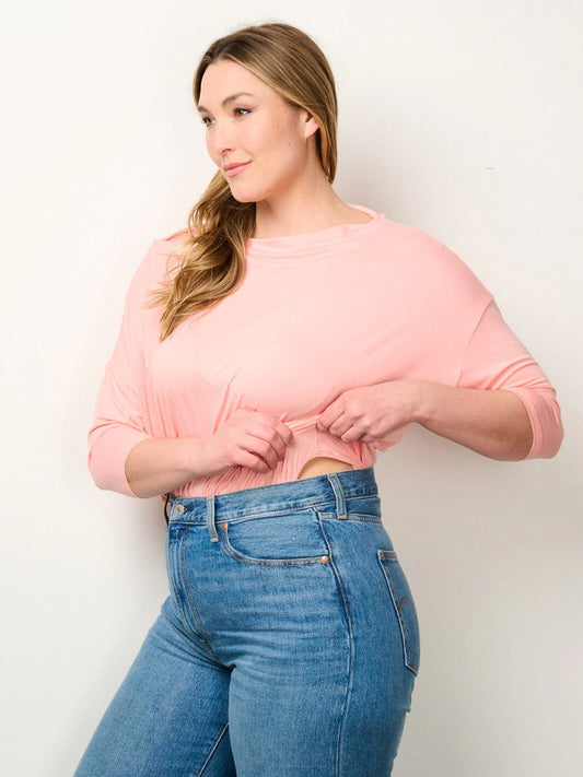 3/4 Sleeves Solid Bodysuit Top - Peach