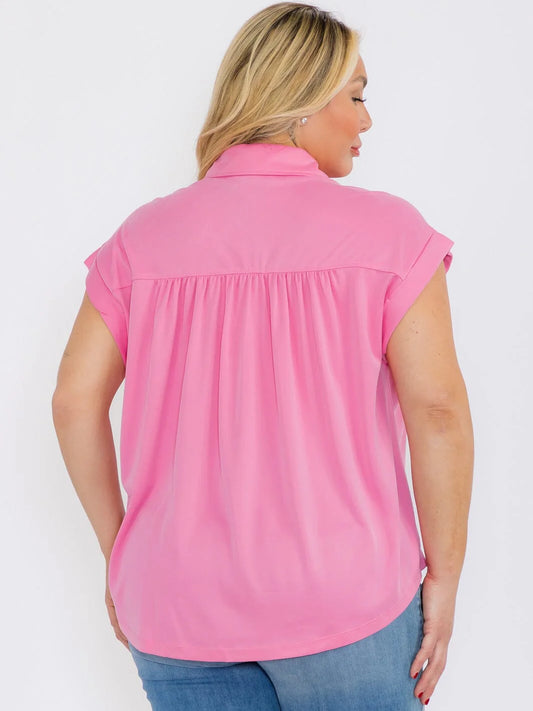 Short Sleeve Button Up Blouse Top - Bubblegum