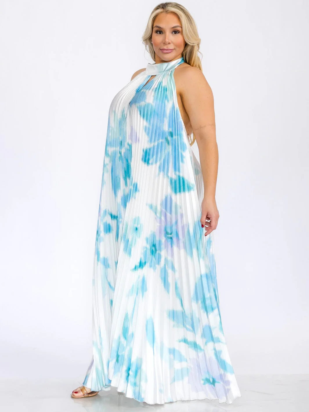 Sleeveless Key Hole Open Back Tie DYE Maxi Dress - Blue
