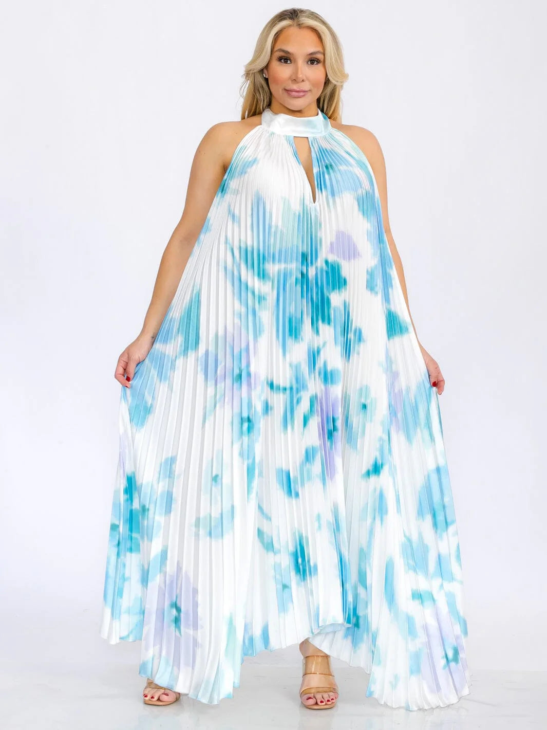 Sleeveless Key Hole Open Back Tie DYE Maxi Dress - Blue