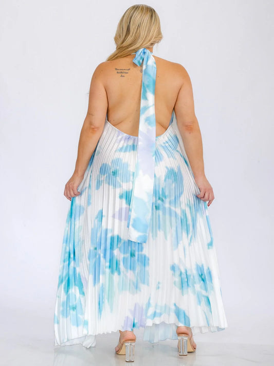 Sleeveless Key Hole Open Back Tie DYE Maxi Dress - Blue