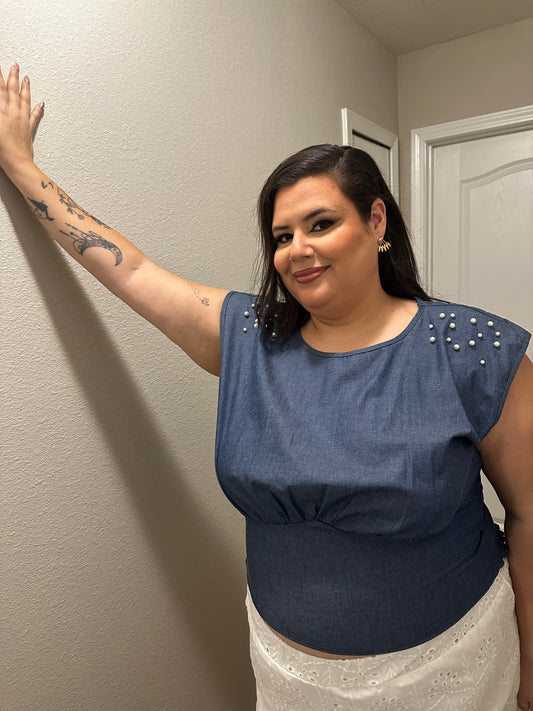 Denim Crop Top w/pearls
