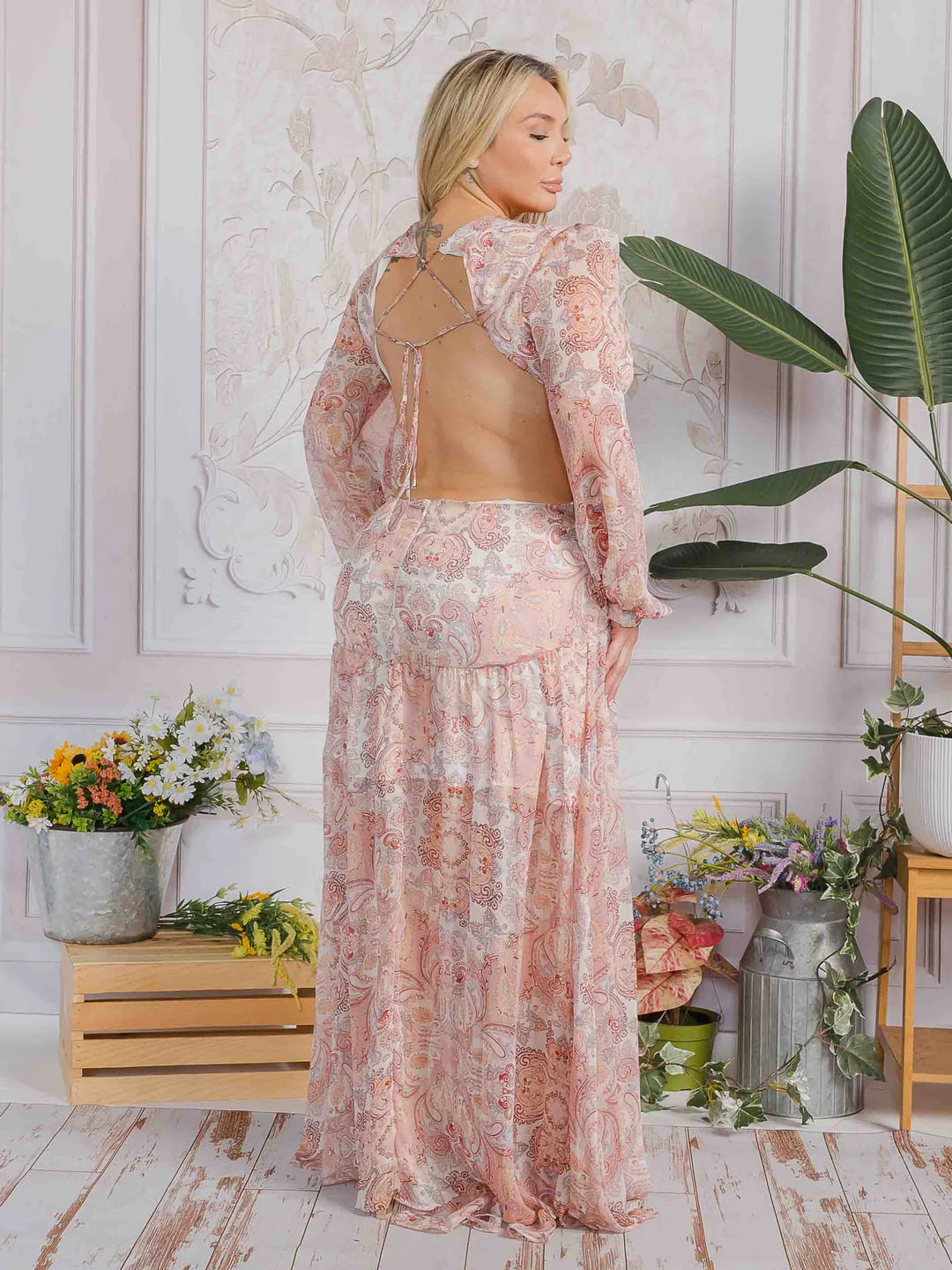 Long Sleeve V-Neck Open Back Maxi Dress