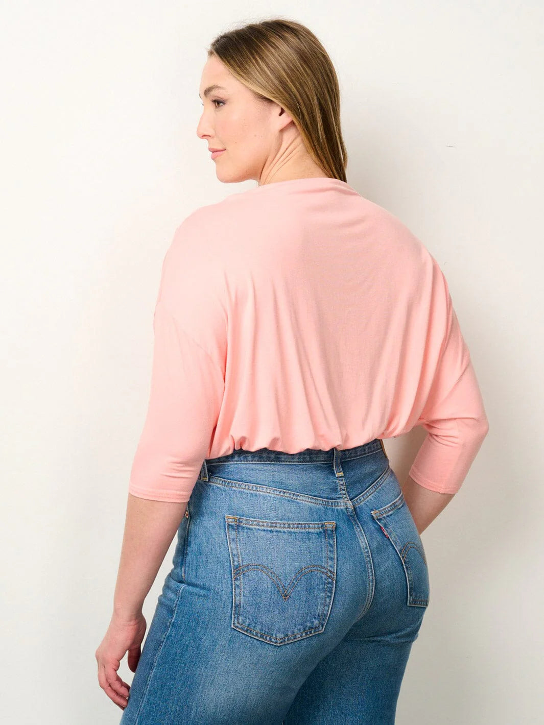 3/4 Sleeves Solid Bodysuit Top - Peach