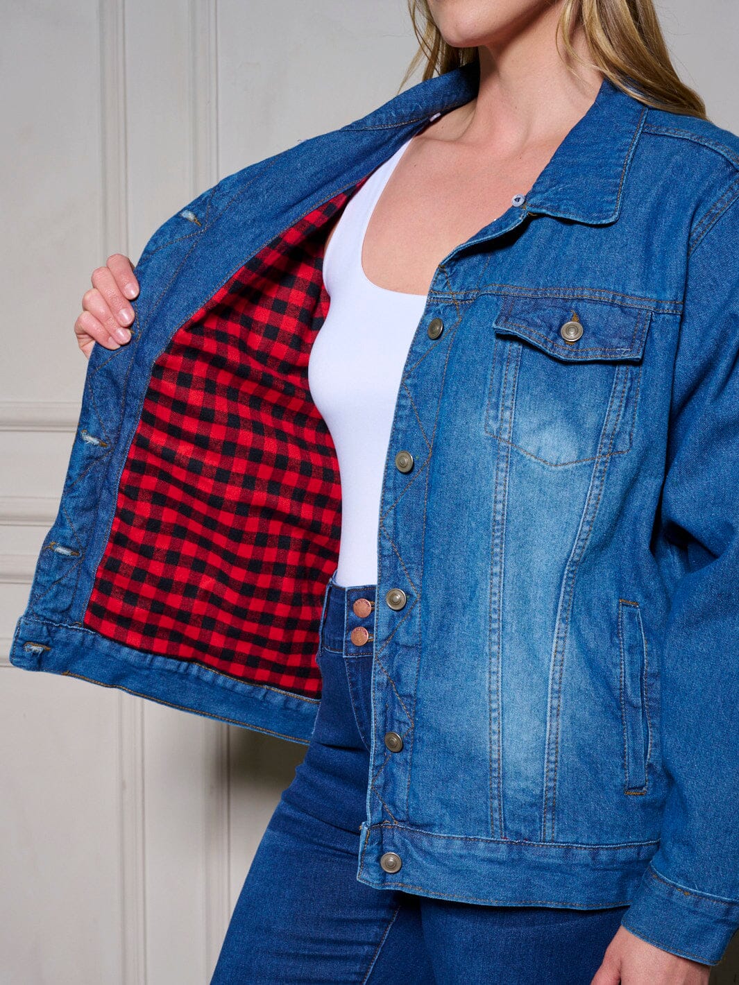 Long Sleeve Plaid Denim Jacket