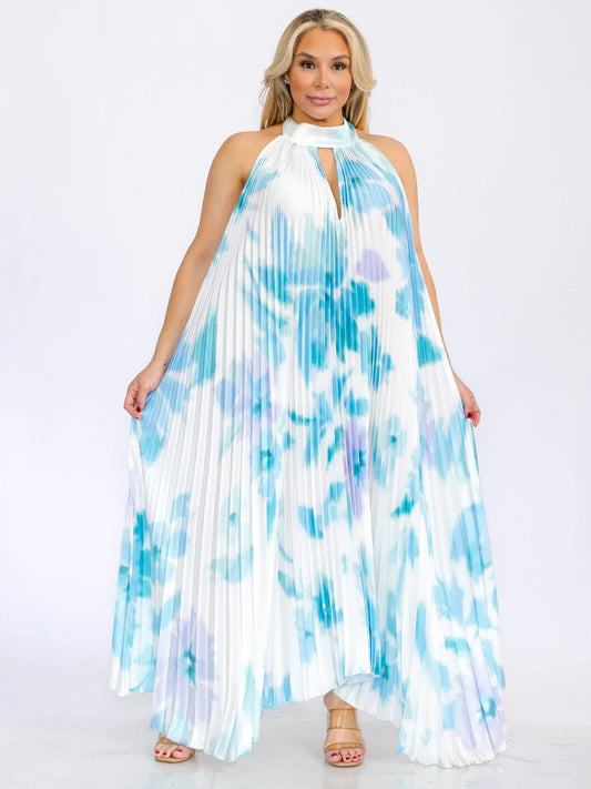 Sleeveless Key Hole Open Back Tie DYE Maxi Dress - Blue
