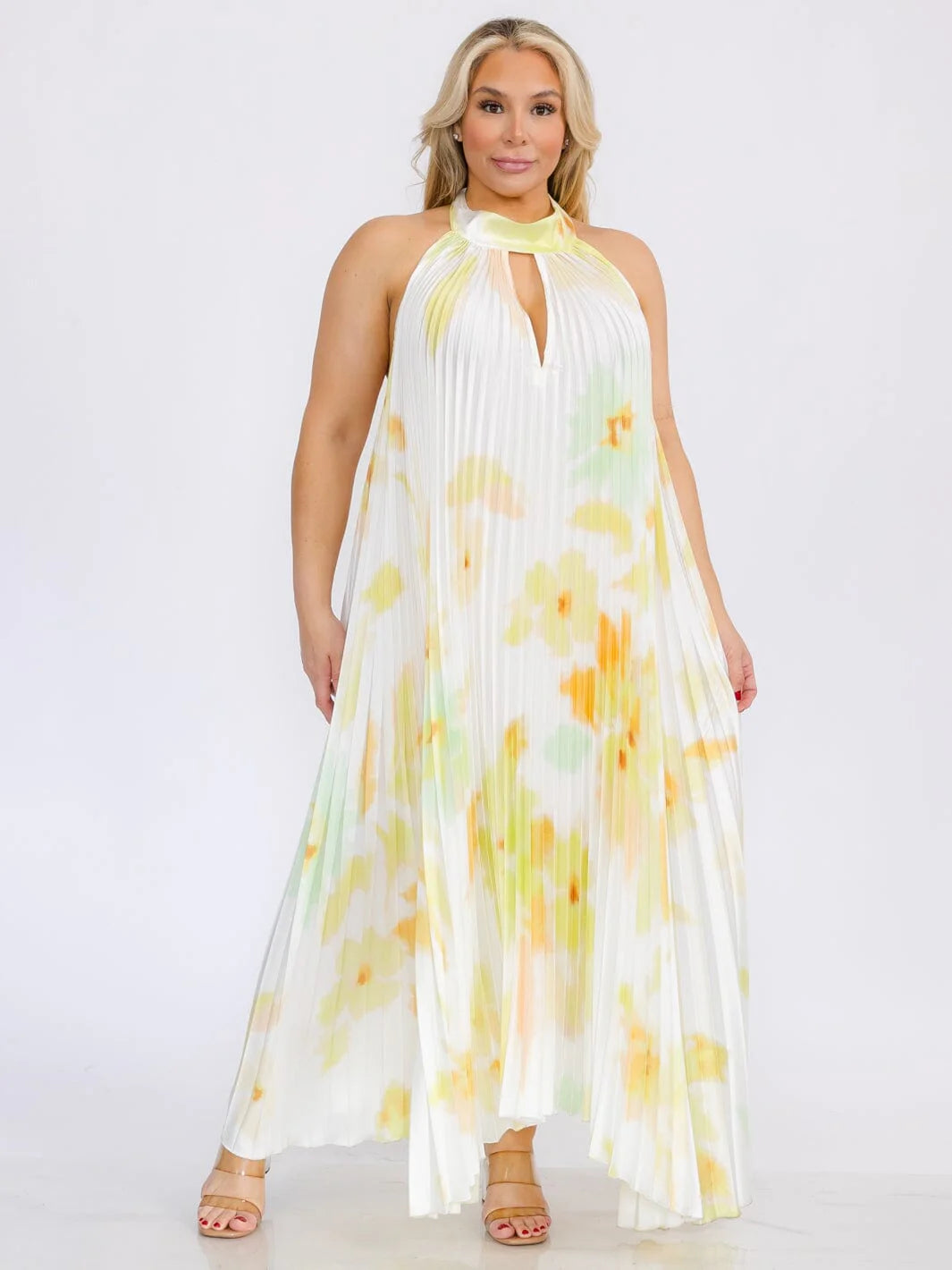Sleeveless Key Hole Open Back Tie DYE Maxi Dress - Lime
